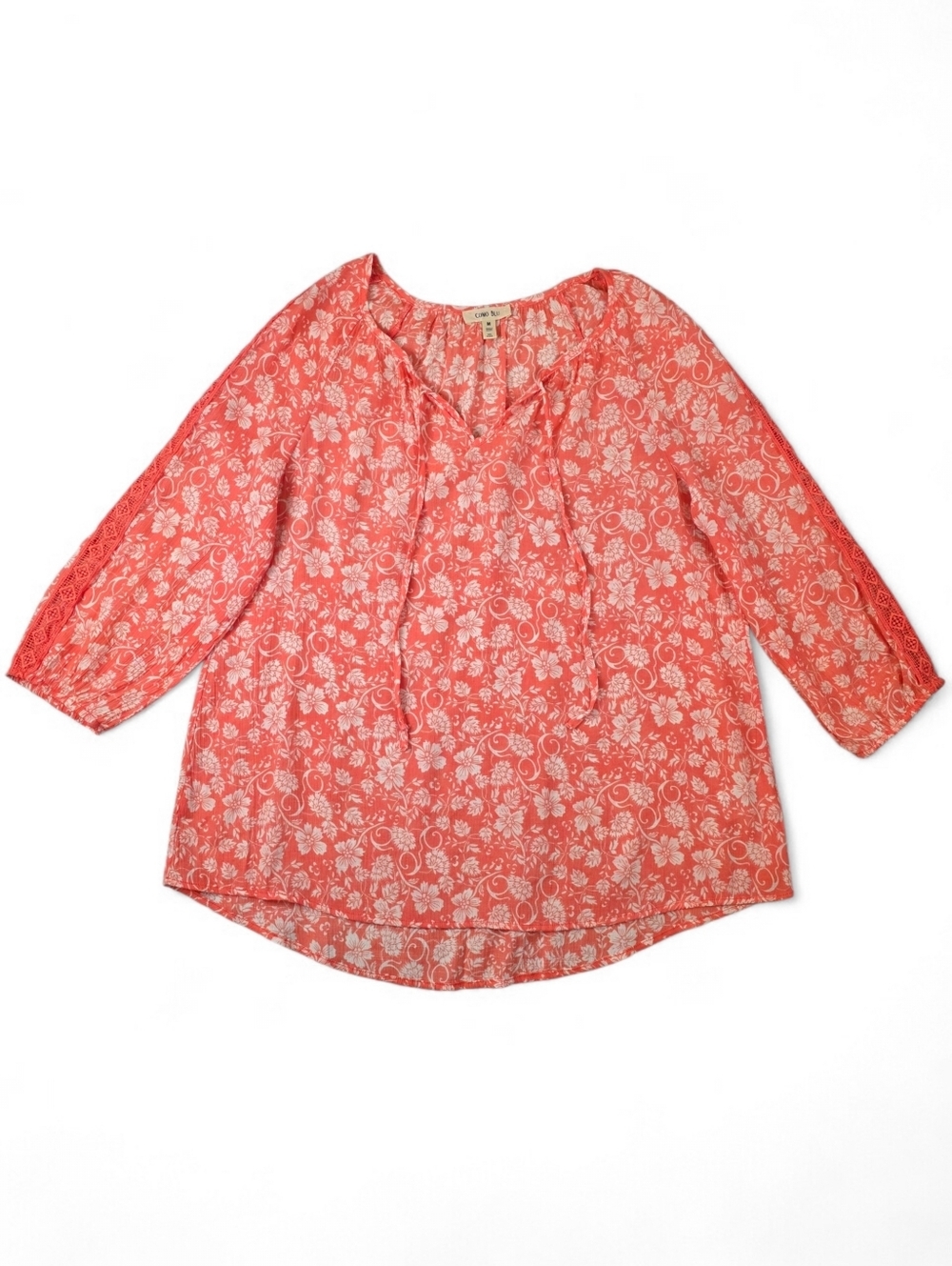 Como Blu Floral Boho Peasant Tunic Blouse Coral White Lace Sleeve Top M Coastal
